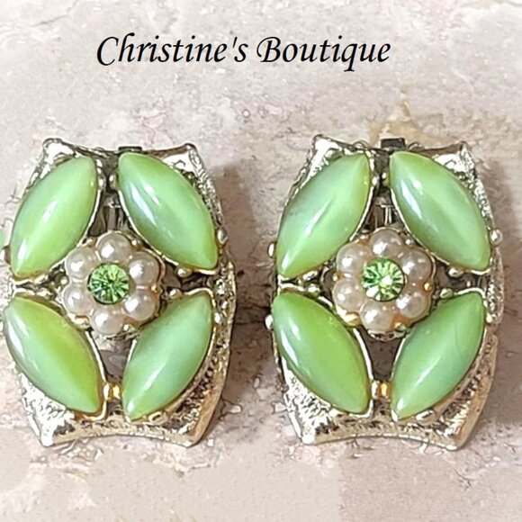 vintage Jewelry - Green Moonglow earrings, vintage clip ons with rhinestones and pearls